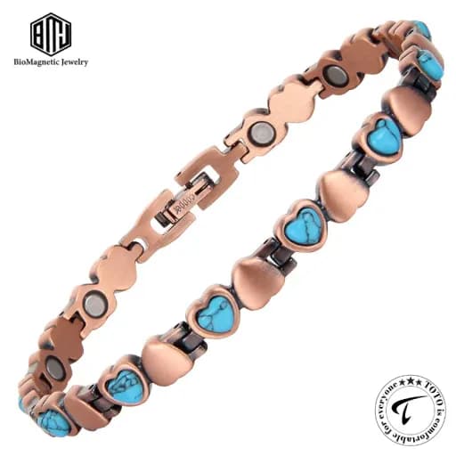 BioMagnetic CB016AC 99.9% Pure Copper Magnetic Chain Bracelet for Women & Children – Adjustable Heart Design with Turquoise Stone