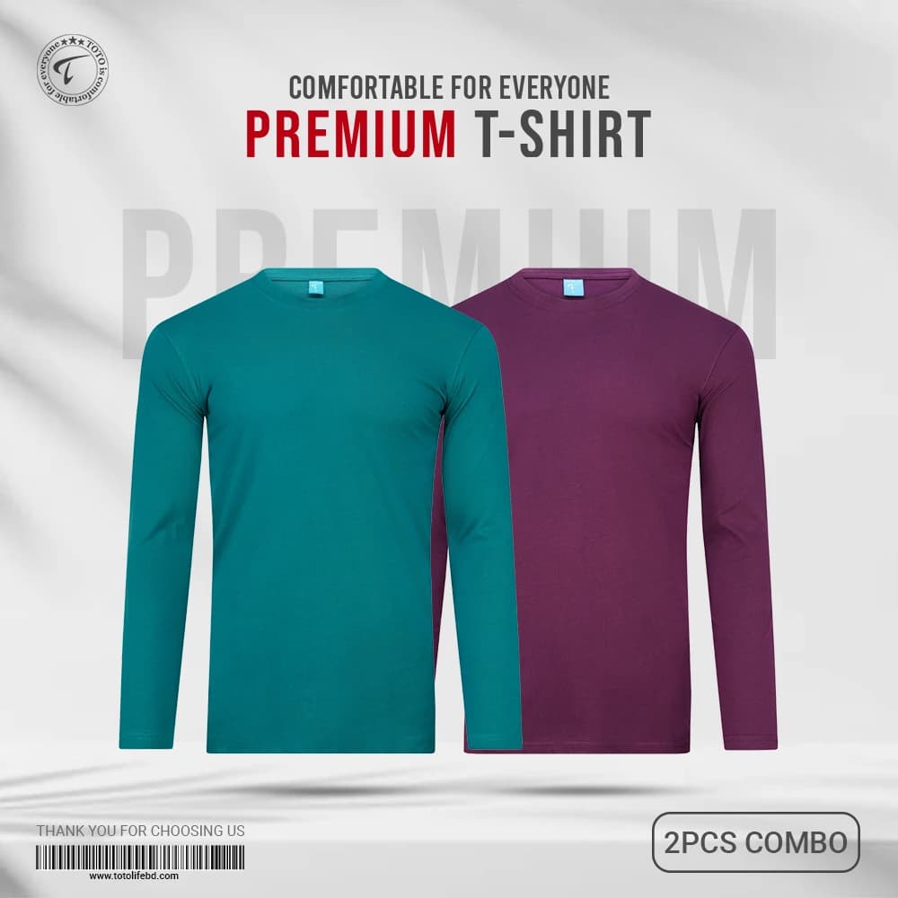 Premium Long Sleeve Tees 2Pcs Combo - Deep Lake & Italian Plum