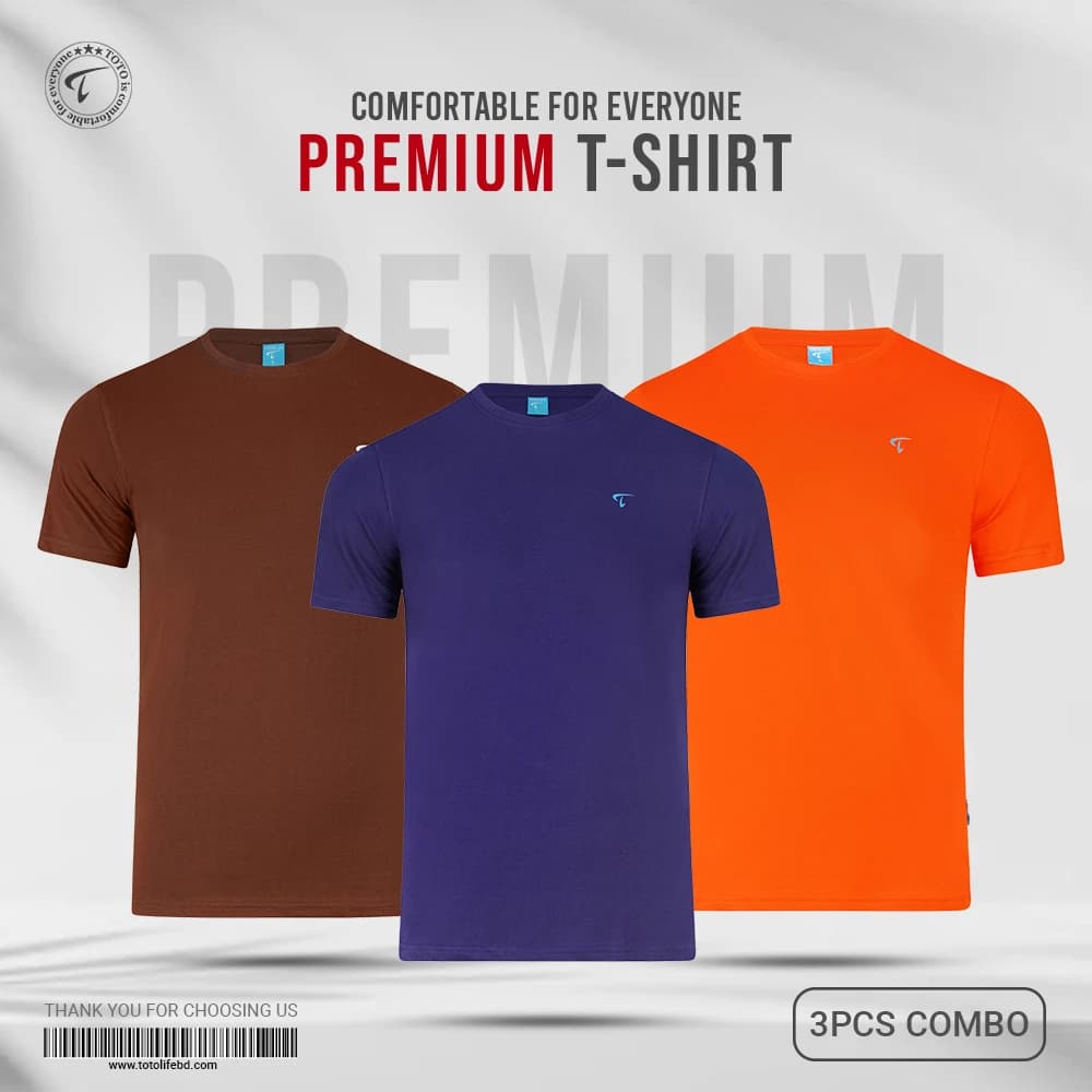 Premium Short Sleeve Tees 3Pcs Combo - Potting Soil, Blue Depths & Orangeade