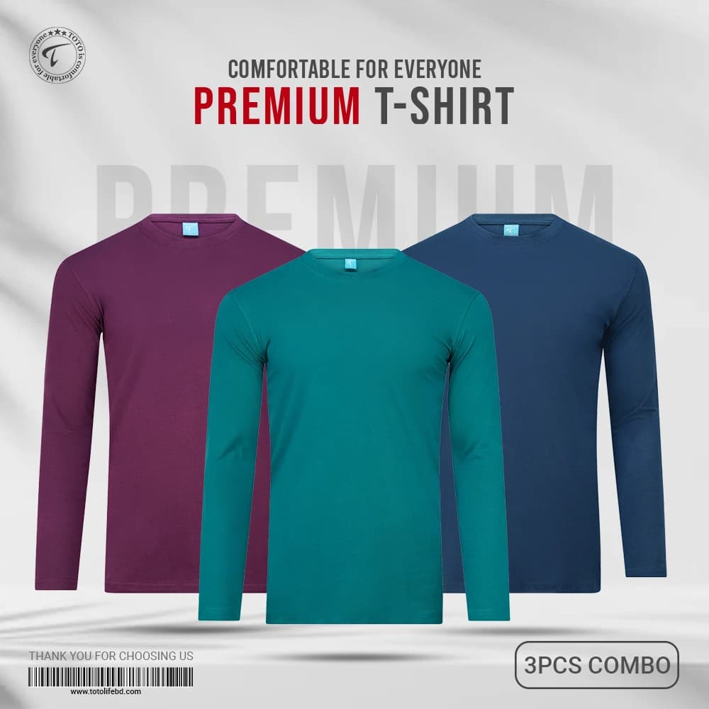 Premium Long Sleeve Tees 3Pcs Combo - Deep Lake, Italian Plum & Blue Opal