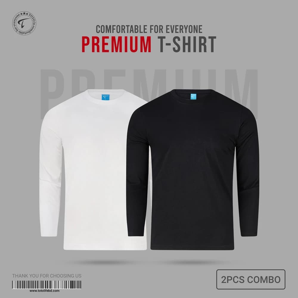 Premium Long Sleeve Tees 2Pcs Combo - Bright White & Black Beauty