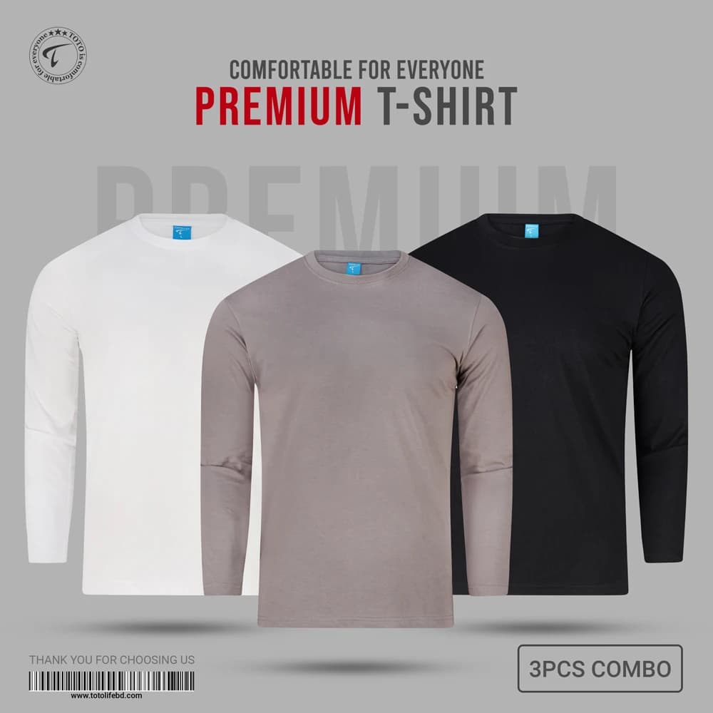 Premium Long Sleeve Tees 3Pcs Combo - Bright White, Storm Front & Black Beauty