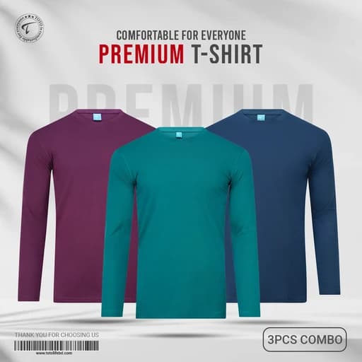 Premium Long Sleeve Tees 3Pcs Combo - Deep Lake, Italian Plum & Blue Opal